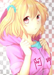 Rule 34 | 1girl, amaoto sanba, bad id, bad pixiv id, blonde hair, checkered background, clothes writing, hair ornament, hair scrunchie, highres, hood, hood down, hoodie, kagerou project, kisaragi attention (vocaloid), kisaragi momo, looking at viewer, red eyes, scrunchie, short hair, side ponytail, simple background, solo, typo, upper body, vocaloid, zipang (anime), zipang (kawaguchi kaiji)