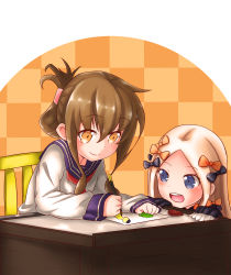 Rule 34 | 2girls, :d, abigail williams (fate), absurdres, black bow, black dress, blonde hair, blue eyes, blush, bow, brown eyes, brown hair, chair, checkered background, closed mouth, commentary request, crossover, drawing, dress, eye contact, fate/grand order, fate (series), folded ponytail, hair between eyes, hair bow, highres, inazuma (kancolle), kantai collection, long hair, long sleeves, looking at another, looking at viewer, multiple girls, neckerchief, no headwear, open mouth, orange bow, parted bangs, polka dot, polka dot bow, red neckerchief, school uniform, serafuku, shirt, sidelocks, sitting, sleeves past fingers, sleeves past wrists, smile, table, teeth, upper teeth only, white shirt