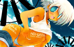 Rule 34 | 1girl, blue eyes, blush, clothes pull, cloud, day, hand under clothes, hand under shirt, navel, open mouth, original, panties, sakaki (noi-gren), shirt, shorts, shorts pull, silver hair, solo, striped clothes, striped panties, tan, tanline, underwear