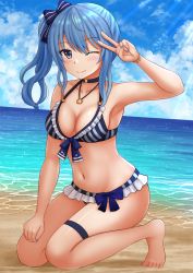 Rule 34 | 1girl, ;), alternate breast size, arm up, armpits, bare arms, bare legs, bare shoulders, barefoot, beach, bikini, black bikini, black choker, blue bikini, blue bow, blue eyes, blue hair, blue nails, blue sky, blush, bow, bracelet, breasts, caustics, choker, cleavage, closed mouth, cloud, cloudy sky, collarbone, commentary, day, frilled bikini, frills, front-tie bikini top, front-tie top, full body, hair between eyes, hair bow, halterneck, highres, hololive, horizon, hoshimachi suisei, jewelry, kazenokaze, kneeling, light rays, long hair, looking at viewer, medium breasts, nail polish, navel, necklace, ocean, one eye closed, outdoors, sand, side ponytail, sidelocks, sky, smile, solo, star (symbol), star necklace, stomach, striped bikini, striped bow, striped clothes, sunbeam, sunlight, swimsuit, thigh strap, thighs, v, vertical-striped bikini, vertical-striped clothes, virtual youtuber, water