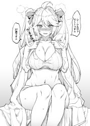 Rule 34 | 1girl, alternate hairstyle, bare legs, bare shoulders, bed, bed sheet, blush, breasts, cleavage, collarbone, commentary request, crop top, granblue fantasy, greyscale, groin, hair between eyes, hair ribbon, heavy breathing, large breasts, long hair, monochrome, mushi024, navel, nose blush, on bed, open mouth, panties, ribbon, silva (granblue fantasy), sitting, steam, sweat, translation request, twintails, underwear, very long hair, wavy mouth