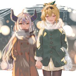 Rule 34 | 2girls, ahoge, alternate costume, black hairband, black pantyhose, blonde hair, breath, closed eyes, coat, commentary, cowboy shot, demon horns, grey hair, hair between eyes, hairband, hand in pocket, highres, holding hands, hololive, horns, kazama iroha, la+ darknesss, long hair, multiple girls, pantyhose, pointy ears, scarf, symbol-only commentary, translation request, very long hair, virtual youtuber, yellow eyes, yoshioka (today is kyou), yuri