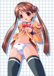 Rule 34 | 00s, 1girl, blouse, blush, bow, bow panties, bowtie, brown eyes, brown hair, clothes lift, double bun, jacket, katase shima, ktman, pussy, lifting own clothes, lingerie, long hair, miniskirt, orange shirt, panties, pleated skirt, pussy, school uniform, serafuku, shirt, skirt, skirt lift, solo, standing, thighhighs, twintails, uchuu no stellvia, underwear, white panties