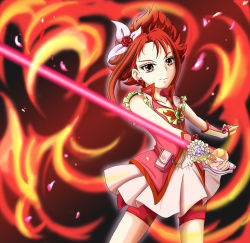 Rule 34 | 00s, 1girl, bike shorts, brooch, bug, butterfly, cure rouge, dress, earrings, energy sword, eyelashes, fiery background, fire, flower, gloves, bug, jewelry, lightsaber, magical girl, maryu, natsuki rin, precure, red eyes, red flower, red hair, red rose, red shorts, red theme, rose, short hair, shorts, shorts under dress, shorts under skirt, smile, solo, spiked hair, sword, weapon, yes! precure 5, yes! precure 5 gogo!