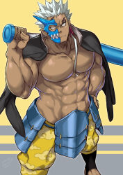 Rule 34 | 1boy, abs, armor, bara, bare pectorals, baseball bat, cloud print, club, club (weapon), dark-skinned male, dark skin, facial mark, from above, gakuran, half mask, highres, holding, holding baseball bat, horned mask, jacket, jacket on shoulders, japanese armor, kame (kichiitu), kanabou, large pectorals, looking at viewer, male focus, mask, monster boy, muscular, muscular male, nipples, no pupils, oni, oni mask, over shoulder, pants, pectorals, print pants, school uniform, short hair, shuten douji (housamo), solo, standing, stomach, tokyo houkago summoners, tusks, weapon, weapon over shoulder