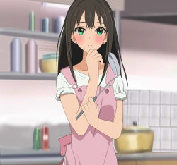 Rule 34 | 10s, 1girl, apron, black hair, blush, commentary request, eating, eyebrows, female focus, green eyes, highres, idolmaster, idolmaster cinderella girls, indoors, kitchen, long hair, looking at viewer, nisedaiti, pink apron, pot, shibuya rin, solo, soup ladle, upper body