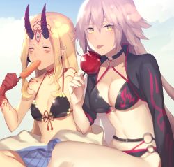 Rule 34 | 2girls, bad id, bad pixiv id, belt, bikini, black bikini, blonde hair, breasts, candy apple, cleavage, cloud, collarbone, day, earrings, closed eyes, facial mark, fate/grand order, fate (series), food, front-tie bikini top, front-tie top, hair between eyes, holding, holding food, horns, ibaraki douji (fate), jeanne d&#039;arc alter (swimsuit berserker) (fate), jeanne d&#039;arc (fate), jeanne d&#039;arc alter (fate), jeanne d&#039;arc alter (swimsuit berserker) (fate), jewelry, long hair, medium breasts, multiple girls, navel, o-ring, o-ring bikini, pointy ears, print bikini, print bikini top, sausage, shrug (clothing), silver hair, sitting, small breasts, sunlight, swimsuit, takana (kurubushisan), tattoo, tongue, tongue out, very long hair, yellow eyes