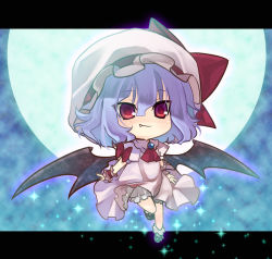 Rule 34 | 1girl, bad id, bad pixiv id, bat wings, bloomers, blue hair, chibi, fang, female focus, letterboxed, red eyes, remilia scarlet, ribbon, smile, solo, sparkle, tahya, touhou, tsurime, underwear, wings, wrist cuffs