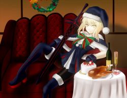 Rule 34 | 1girl, alcohol, artoria pendragon (all), artoria pendragon (fate), bad id, bad pixiv id, black footwear, black pantyhose, blonde hair, boots, breasts, cake, cape, champagne, champagne flute, chicken (food), christmas, cleavage, cup, drinking glass, excalibur morgan (fate), fate/grand order, fate (series), food, fur-trimmed boots, fur-trimmed cape, fur-trimmed legwear, fur boots, fur trim, hat, looking at viewer, pantyhose, ribbon, saber (fate), saber alter, santa alter, santa hat, small breasts, smile, solo, suiete, thigh boots, thighhighs, wreath, yellow eyes