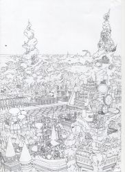 Rule 34 | absurdres, cityscape, greyscale, highres, landscape, lineart, monochrome, nib pen (medium), no humans, original, ruins, scan, scenery, skull, suishougensou, traditional media