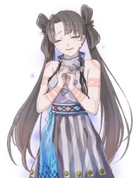 Rule 34 | 1girl, bare shoulders, body markings, breasts, brown hair, closed eyes, crying, dress, fate/grand order, fate (series), grey dress, iyo (fate), kino kokko, large breasts, long hair, open mouth, parted bangs, sash, smile, solo, tears, twintails, very long hair