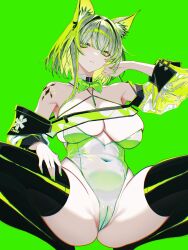 1girl absurdres adjusting_hair animal_ear_fluff animal_ears arknights black_thighhighs bow bowtie breasts cameltoe commentary_request covered_navel expressionless feet_out_of_frame from_below green_background green_bow green_eyes hair_intakes halterneck highres kal&#039;tsit_(arknights) large_breasts leotard looking_at_viewer looking_down medium_hair nail_polish navel parted_lips playboy_bunny sidelocks skindentation solo speech_bubble spread_legs squatting thighhighs vxdrq white_leotard