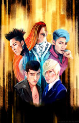 Rule 34 | 5boys, armor, ascot, asymmetrical hair, bigbang, blonde hair, blue hair, bow, bowtie, brown eyes, daesung, earrings, formal, g-dragon, hair over one eye, hand on own face, injury, jewelry, k-pop, long hair, looking at viewer, male focus, mohawk, multicolored hair, multiple boys, necklace, necktie, open clothes, open shirt, piercing, ring, seungri (bigbang), shirt, side shave, striped clothes, striped shirt, suit, t.o.p (bigbang), taeyang, tattoo, topless male, two-tone hair