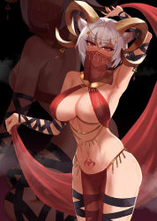Rule 34 | 1girl, animal ears, arabian clothes, areola slip, arknights, arm ribbon, arm up, armpits, bare shoulders, black background, black ribbon, blush, breasts, carnelian (arknights), cowboy shot, dancer, dark-skinned female, dark skin, gino (gino h), grin, head chain, heart, heart tattoo, highres, horns, jewelry, large breasts, looking at viewer, mouth veil, multiple views, nose blush, pelvic curtain, pubic tattoo, red eyes, ribbon, shawl, smile, standing, tattoo, thighs, veil, white hair