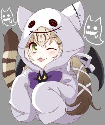 Rule 34 | 1girl, :p, alternate costume, animal ears, blonde hair, blush, bow, bowtie, brown hair, cat ears, cat girl, geoffroy&#039;s cat (kemono friends), ghost costume, green eyes, hair bow, halloween, halloween costume, hata (user ehfr2334), highres, kemono friends, kemono friends v project, multicolored hair, one eye closed, purple bow, purple bowtie, short hair, solo, tongue, tongue out, twintails, virtual youtuber, white bow