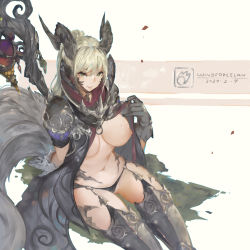 Rule 34 | 1girl, armor, au ra, black panties, blonde hair, breasts, clothing aside, final fantasy, final fantasy xiv, garter straps, gloves, greaves, green eyes, highres, horns, long hair, looking at viewer, mole, mole on breast, navel, nipples, one breast out, panties, panties aside, pauldrons, ponytail, revealing clothes, scales, shoulder armor, sitting, smile, tail, underwear, weapon, weapon on back, windforcelan