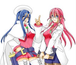 Rule 34 | 2girls, aty (summon night), aty (summon night) (cosplay), belt, belt skirt, blue hair, boots, breasts, cape, clipboard, cosplay, costume switch, crossover, earrings, fortunecookie, glasses, hat, jewelry, justice gakuen, lab coat, large breasts, minazuki kyouko, minazuki kyouko (cosplay), multiple girls, necklace, pantyhose, pencil skirt, red hair, ribbed sweater, skirt, summon night, summon night 3, sweater, thighhighs, trait connection, zettai ryouiki