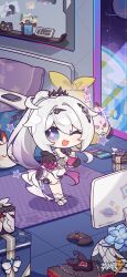 Rule 34 | 1girl, :d, ahoge, bare shoulders, bed, bedroom, birthday, black gloves, box, controller, cup, earth (planet), eta, game controller, gift, gift box, gloves, handheld game console, high ponytail, highres, honkai (series), honkai impact 3rd, jingwei (bird), kiana kaslana, kiana kaslana (herrscher of finality), logo, looking at viewer, monitor, mug, nintendo switch, official art, official wallpaper, one eye closed, open hand, open mouth, pillow, planet, smile, solo, space, star-shaped pupils, star (symbol), symbol-shaped pupils, white hair