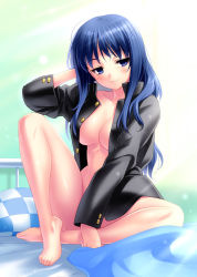 Rule 34 | 1girl, :3, barefoot, bed, blue eyes, blue hair, bottomless, breasts, covering privates, covering crotch, gakuran, jacket, kurusugawa ayaka, long hair, matching hair/eyes, naked jacket, on bed, open clothes, pillow, school uniform, sitting, solo, to heart, to heart (series), zen
