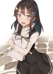 Rule 34 | 1girl, alternate costume, bad id, bad twitter id, bag, black dress, black hair, commentary request, cowboy shot, dress, grey eyes, hair ornament, hairclip, kantai collection, long hair, long sleeves, looking at viewer, open mouth, oyashio (kancolle), pallad, road, round teeth, shopping bag, solo, sweater, teeth, upper teeth only, white sweater