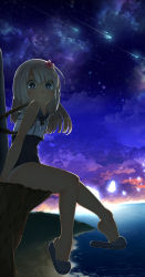 Rule 34 | 10s, 1girl, absurdres, arm at side, bare legs, blonde hair, blue eyes, cliff, cloud, crocs, crop top, dark, dusk, elizax9x, flower, foot dangle, from side, hair flower, hair ornament, highres, horizon, kantai collection, light particles, long hair, looking at viewer, looking to the side, no socks, ocean, outdoors, ro-500 (kancolle), sailor collar, sandals, school swimsuit, shoe dangle, shooting star, sitting, sky, sleeveless, smile, solo, star (sky), starry sky, swimsuit, tan, tanline, torpedo
