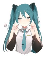 Rule 34 | 1girl, :3, animal ears, animal hands, aqua necktie, bad id, bad tumblr id, blue eyes, blush, cat ears, cat girl, closed mouth, collared shirt, detached sleeves, eyelashes, female focus, grey shirt, hair between eyes, hatsune miku, kemonomimi mode, long hair, long sleeves, looking at viewer, lpip, necktie, no legs, paw pose, shirt, simple background, sleeveless, sleeveless shirt, smile, solo, twintails, upper body, vocaloid, white background, wide sleeves, wing collar