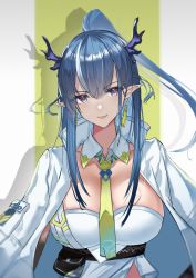 Rule 34 | 1girl, :p, arknights, bad id, bad twitter id, breasts, bright pupils, cleavage, coat, coat on shoulders, collarbone, detached collar, dragon horns, earrings, highres, horns, jewelry, large breasts, ling (arknights), long hair, looking at viewer, necktie, open clothes, open coat, pointy ears, pouch, purple eyes, smile, solo, srpzk, tongue, tongue out, two-tone background, underbust, upper body, v-shaped eyebrows, very long hair, white coat, yellow necktie