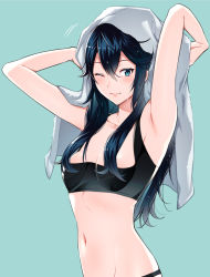 Rule 34 | 1girl, ameno (a meno0), aqua background, armpits, arms up, bare shoulders, black bra, black panties, blue eyes, blue hair, blush, bra, breasts, closed mouth, collarbone, drying, drying hair, fire emblem, fire emblem awakening, hair between eyes, lips, long hair, looking at viewer, lucina (fire emblem), navel, nintendo, one eye closed, panties, pink lips, simple background, small breasts, smile, solo, sports bra, symbol-shaped pupils, towel, underwear, upper body, wet, wet hair