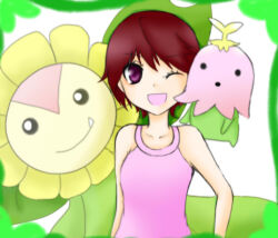 Rule 34 | 1girl, 2others, digimon, digimon (creature), fujieda yoshino, lalamon, looking at viewer, lowres, multiple others, one eye closed, pink eyes, pink hair, short hair, smile, sunflowmon, wink