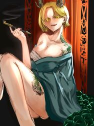Rule 34 | 1girl, antlers, dragon girl, highres, holding, holding smoking pipe, horns, kicchou yachie, sarashi, smoking, smoking pipe, tattoo, touhou, yudofu33