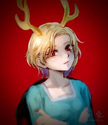 Rule 34 | 1girl, antlers, blonde hair, blue shirt, breasts, dragon girl, dragon horns, dragon tail, face, highres, horns, hoshiringo0902, kicchou yachie, lips, one-hour drawing challenge, red background, red eyes, shirt, short hair, simple background, small breasts, smile, tail, touhou, turtle shell