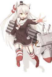 Rule 34 | 10s, 1girl, amatsukaze (kancolle), bad id, bad pixiv id, breasts, dress, full body, garter straps, gloves, grey neckerchief, hair tubes, hairband, hat, highres, kantai collection, long hair, long sleeves, looking at another, minagiku, mini hat, neckerchief, open mouth, rensouhou-kun, sailor collar, sailor dress, shadow, short dress, silver hair, simple background, single glove, small breasts, solo focus, striped clothes, striped thighhighs, thighhighs, two side up, very long hair, white background, white gloves, yellow eyes, zettai ryouiki