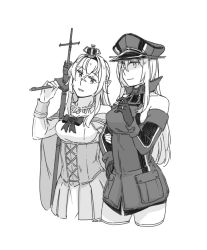 Rule 34 | 2022, 2girls, anchor, bare shoulders, bismarck (kancolle), bow, braid, breasts, cigarette, cleavage, corset, cowboy shot, cross, crown, detached sleeves, dress, flower, french braid, gloves, greyscale, hair between eyes, hairband, hand on own hip, hat, head tilt, holding, jewelry, kantai collection, locked arms, long hair, mast, medium breasts, military, military hat, military uniform, mini crown, monochrome, multiple girls, necklace, off-shoulder dress, off shoulder, parted lips, peaked cap, pocket, ribbon, ring, rose, scepter, sidelocks, simple background, sketch, sleeveless, smile, smirk, smoking, standing, straight hair, uniform, warspite (kancolle), wedding ring, weidashming, white background, yuri
