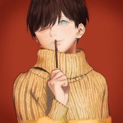 Rule 34 | 1boy, ;3, arm at side, blue eyes, food, fur trim, hana (dqkmb362), head tilt, holding, holding food, long sleeves, looking at viewer, male focus, one eye closed, original, parted lips, pocky, red background, simple background, smile, solo, sweater, turtleneck, upper body, yellow sweater