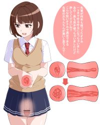 Rule 34 | 1girl, artificial vagina, bar censor, blue skirt, breasts, brown eyes, brown hair, censored, chikahii, flaccid, futanari, highres, holding, looking to the side, medium breasts, netorare, open mouth, original, penis, red neckwear, school uniform, see-through, serafuku, sex toy, short hair, simple background, skirt, solo, translated, white background, white stripes
