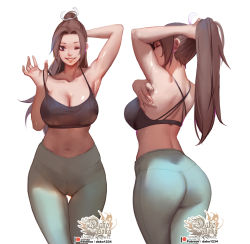 Rule 34 | 1girl, ;), arm behind head, armpits, artist name, ass, breasts, brown eyes, brown hair, cleavage, collarbone, commentary, english commentary, fatal fury, from behind, hair ribbon, high-waist pants, highres, hu dako, large breasts, lips, long hair, looking at viewer, midriff, navel, one eye closed, pants, patreon username, ribbon, shiranui mai, simple background, smile, snk, solo, tank top, the king of fighters, thigh gap, white background, white ribbon