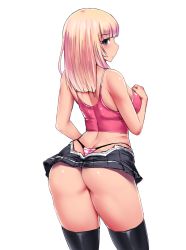 Rule 34 | 1girl, arm at side, ass, black skirt, black thighhighs, blonde hair, blue eyes, blunt bangs, breasts, cowboy shot, crop top, from behind, hand on own chest, ishimiso (ishimura), large breasts, long hair, looking at viewer, looking back, microskirt, midriff, miniskirt, original, panties, pink shirt, profile, shiny skin, shirt, simple background, skindentation, skirt, solo, striped clothes, striped panties, t-back, tank top, thighhighs, thighs, thong, underwear, whale tail (clothing), white background