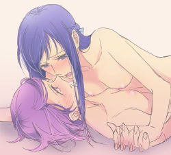 Rule 34 | 2girls, blue eyes, blue hair, blush, breasts, dokidoki! precure, eye contact, girl on top, hand grab, hishikawa rikka, holding hands, interlocked fingers, kenzaki makoto, long hair, looking at another, lying, multiple girls, negom, nipples, nude, on back, open mouth, pink eyes, precure, purple hair, short hair, simple background, sketch, small breasts, sweatdrop, upper body, white background, yuri
