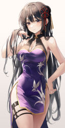 Rule 34 | 1girl, absurdres, armpits, bare arms, bare shoulders, black hair, breasts, china dress, chinese clothes, cleavage, collarbone, covered navel, cowboy shot, dress, earrings, ekina (1217), flower knot, gold trim, hair ribbon, hand on own hip, hand up, highres, jewelry, large breasts, long hair, looking at viewer, no panties, original, pelvic curtain, purple dress, red eyes, ribbon, sleeveless, sleeveless dress, smile, solo, standing, thigh strap, thighs, very long hair