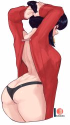 Rule 34 | 1girl, adjusting hair, arched back, arms up, artist name, ass, bare back, black hair, black panties, butt crack, commentary, cowboy shot, english commentary, from behind, hair tie in mouth, highres, long sleeves, looking down, mouth hold, nudiedoodles, panties, patreon username, pointy nose, red eyes, red sleeves, simple background, solo, spy x family, thighs, underwear, white background, yor briar