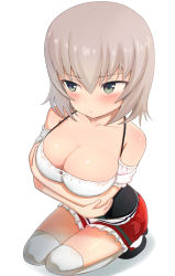 Rule 34 | 10s, 1girl, bare shoulders, black footwear, blue eyes, blush, breast hold, breasts, cleavage, closed mouth, dirndl, dress, german clothes, girls und panzer, highres, itsumi erika, kemu (guruguru dan), large breasts, long hair, pout, red dress, shoes, short dress, silver hair, simple background, sitting, skirt, solo, squatting, thighhighs, white background, white thighhighs