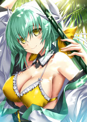 Rule 34 | 1girl, bikini, bikini top only, blush, breasts, cleavage, closed mouth, commentary request, detached collar, fate/grand order, fate (series), green hair, hair ribbon, highres, horns, kiyohime (fate), kiyohime (fate/grand order), kiyohime (swimsuit lancer) (fate), kiyohime (swimsuit lancer) (first ascension) (fate), large breasts, long hair, looking at viewer, morizono shiki, ribbon, smile, solo, swimsuit, upper body, yellow bikini, yellow eyes