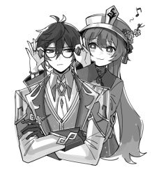 Rule 34 | 1boy, 1girl, :3, bead bracelet, beads, bespectacled, bracelet, closed mouth, coat, crossed arms, earrings, flower, flower-shaped pupils, genshin impact, glasses, gloves, greyscale, gyoju (only arme nim), hair between eyes, hat, hat flower, hu tao (genshin impact), jewelry, long hair, low twintails, monochrome, multiple rings, musical note, ring, simple background, single earring, sketch, symbol-shaped pupils, tassel, twintails, very long hair, zhongli (genshin impact)