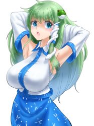 Rule 34 | 1girl, :o, ankake hitokaji, armpits, arms behind head, arms up, blue eyes, blue skirt, breasts, commentary request, cowboy shot, detached sleeves, frog hair ornament, green hair, hair flowing over, hair ornament, hair tubes, hands in hair, highres, kochiya sanae, large breasts, long hair, long sleeves, looking at viewer, open mouth, sagging breasts, shirt, simple background, skirt, snake hair ornament, solo, touhou, very long hair, white background, white shirt