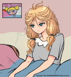 Rule 34 | :/, ahoge, apoloniodraws, bags under eyes, blonde hair, blue eyes, blue pajamas, bubbles (ppg), buttercup redraw challenge (meme), highres, looking to the side, meme, messy hair, pajamas, powerpuff girls, twintails