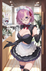 Rule 34 | 1girl, adapted costume, alternate costume, apron, black dress, black gloves, black thighhighs, breasts, bridal garter, cafe, ceiling light, chair, cleavage, cleavage cutout, clothing cutout, commentary, creature, dress, elbow gloves, english commentary, enmaided, eyes visible through hair, fate/grand order, fate (series), fou (fate), frilled dress, frills, gloves, hair over one eye, hair ribbon, highres, indoors, large breasts, looking at viewer, lucidsky, maid, maid headdress, mash kyrielight, navel cutout, neck ribbon, parted lips, pink hair, plant, potted plant, purple eyes, red ribbon, ribbon, short hair, single thighhigh, sleeveless, smile, thighhighs, waist apron, white apron
