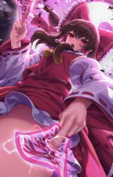 Rule 34 | 1girl, absurdres, ascot, between fingers, blush, brown hair, commentary, detached sleeves, frilled hair tubes, frills, from below, hair tubes, hakurei reimu, highres, holding, japanese clothes, miko, ofuda, ofuda between fingers, open mouth, red eyes, red shirt, red skirt, shirt, sidelocks, skirt, solo, touhou, yellow ascot, yosshy