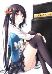 Rule 34 | 1girl, amplifier, bad id, bad pixiv id, black hair, black thighhighs, blush, chm (macharge), digital media player, earphones, electric guitar, fender (company), guitar, heterochromia, instrument, ipod, long hair, open mouth, original, red eyes, skindentation, skirt, solo, thighhighs, twintails, whammy bar, yellow eyes, zettai ryouiki