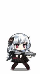 Rule 34 | animated, animated gif, black dress, black pantyhose, black scarf, choker, dress, food, full body, girls&#039; frontline, gun, hair ornament, high heels, holding, holding gun, holding plate, holding weapon, lace, lace-trimmed dress, lace-trimmed sleeves, lace trim, long hair, lowres, muzzle device, official alternate costume, official art, pantyhose, plate, prototype design, pumps, red footwear, rifle-caliber handgun, rifle-caliber pistol, saru, scarf, silver hair, simple background, solo, tagme, thunder (black swan&#039;s dream) (girls&#039; frontline), thunder (girls&#039; frontline), triple action, triple action thunder, weapon, white background