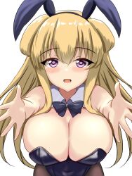 Rule 34 | 1girl, alternate costume, black leotard, black pantyhose, bow, bowtie, breasts, detached collar, fletcher (kancolle), hair between eyes, hair flaps, highres, kantai collection, large breasts, leotard, long hair, looking at viewer, montemasa, open mouth, outstretched arms, pantyhose, playboy bunny, purple eyes, simple background, smile, solo, strapless, strapless leotard, traditional bowtie, white background